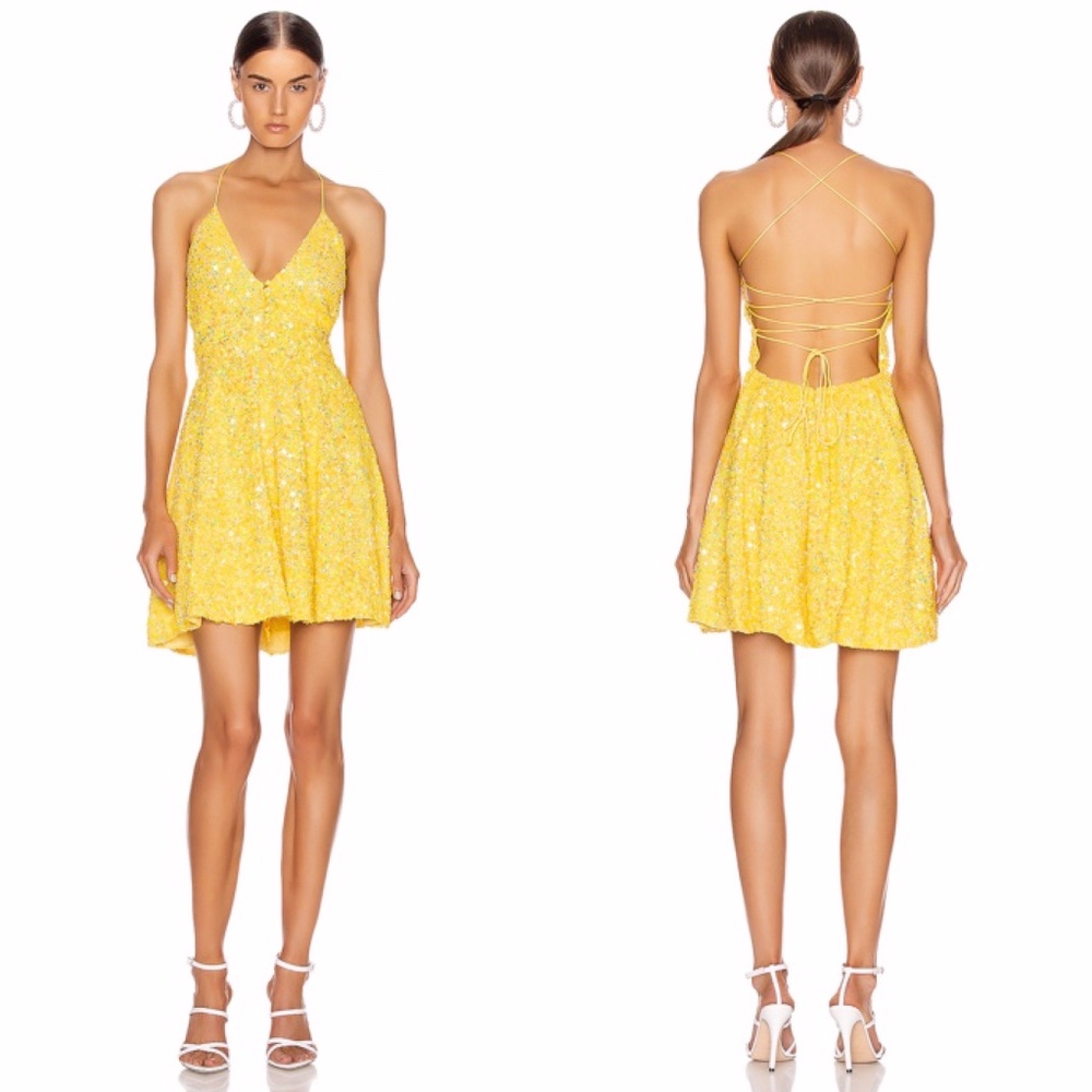 Retrofete Yellow Sequin Embroidered Mini Dress